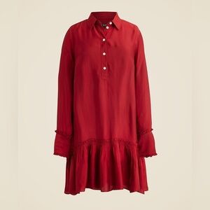 J Crew Amelia Popover Longsleeve Shirtdress in Drapey Viscose Twill Red Small